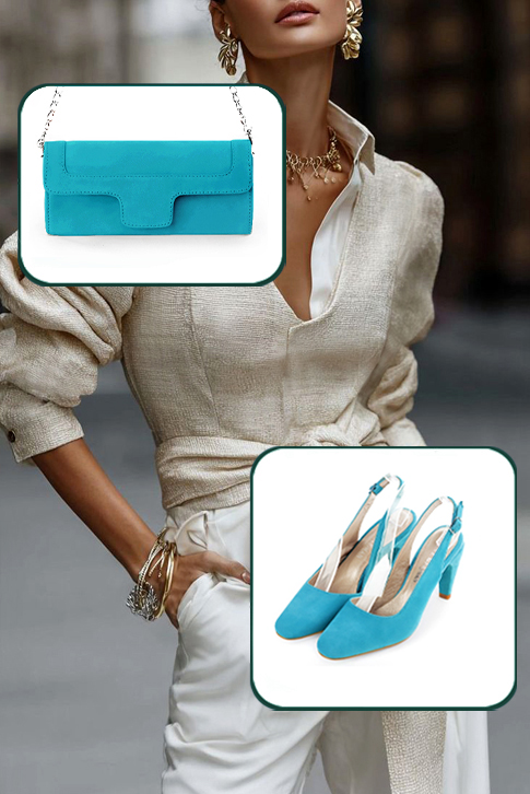 Dress slingback heels in turquoise blue leather with high slim heels and round toe - Worn view